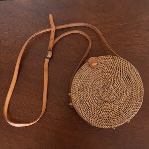 Round Woven Tan Crossbody Bag